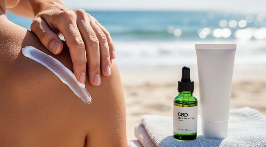 Close-up of a person applying white sunscreen to their shoulder, with a green-tinted CBD dropper bottle and a plain sunscreen tube on a towel, sunny beach and ocean softly blurred in the background, no visible labels.