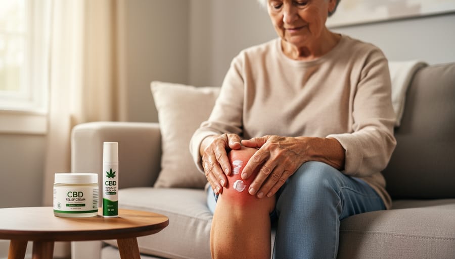 Senior hands applying CBD topical cream to arthritic joints