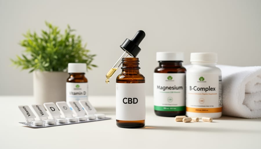 Various vitamin and mineral supplements arranged with CBD oil bottle on wooden surface