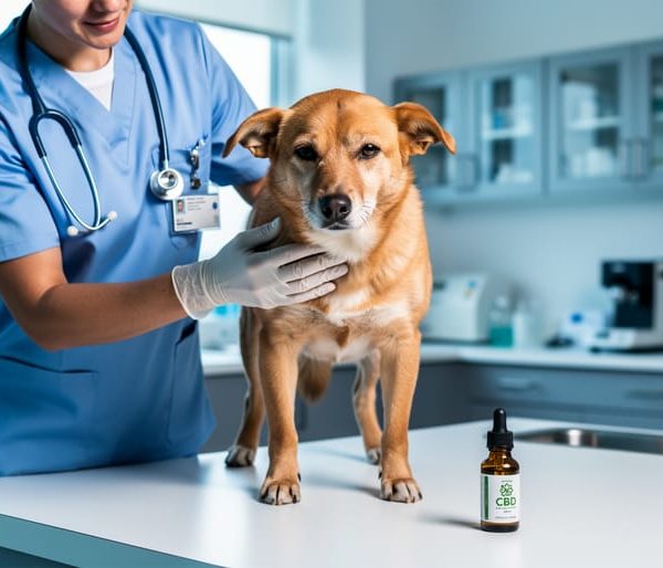 Veterinarian examines a calm medium-size dog on a clinic counter next to an unlabeled amber CBD oil dropper bottle, with soft natural light and blurred medical shelves in the background.