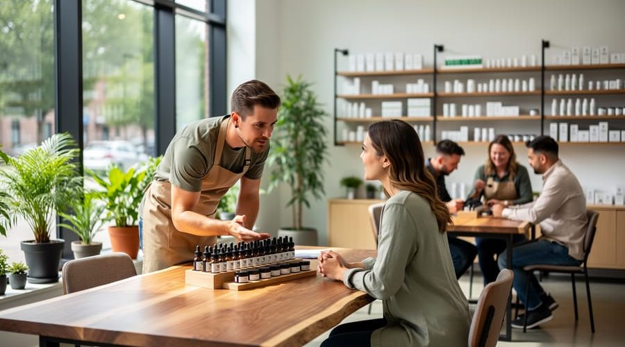 Staff member consulting with a customer at a wooden table next to a sampling station of unlabeled CBD droppers and balms in a modern, plant-filled retail lounge, with softly blurred shelves and a small workshop group in the background under soft natural daylight.