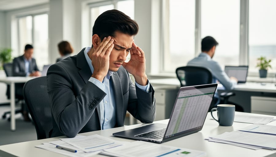 Woman experiencing migraine headache at desk with CBD oil bottle nearby