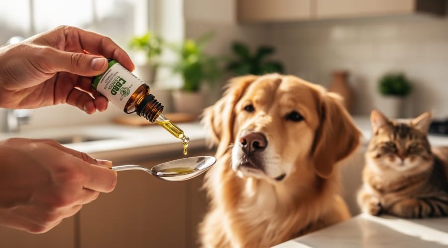 Close-up, eye-level photo of a hand using a plain glass dropper without markings to dispense CBD oil into a spoon beside a calm dog, with a relaxed cat blurred in a cozy kitchen under soft daylight.