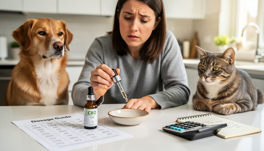 Pet owner examining CBD oil bottle while sitting with their dog