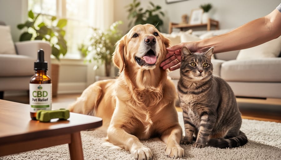 Senior dog resting comfortably on bed with CBD oil bottle nearby