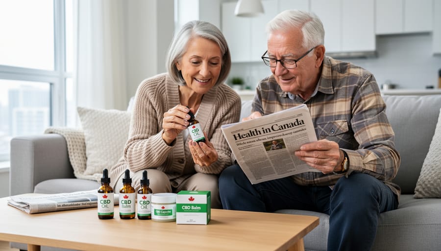 Senior woman holding CBD oil bottle in comfortable home setting