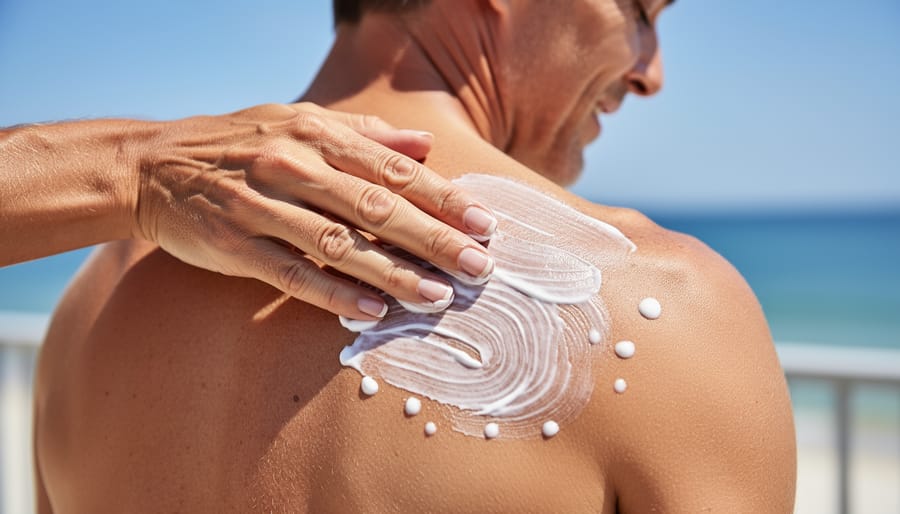 Woman applying sunscreen cream to shoulder in natural outdoor lighting