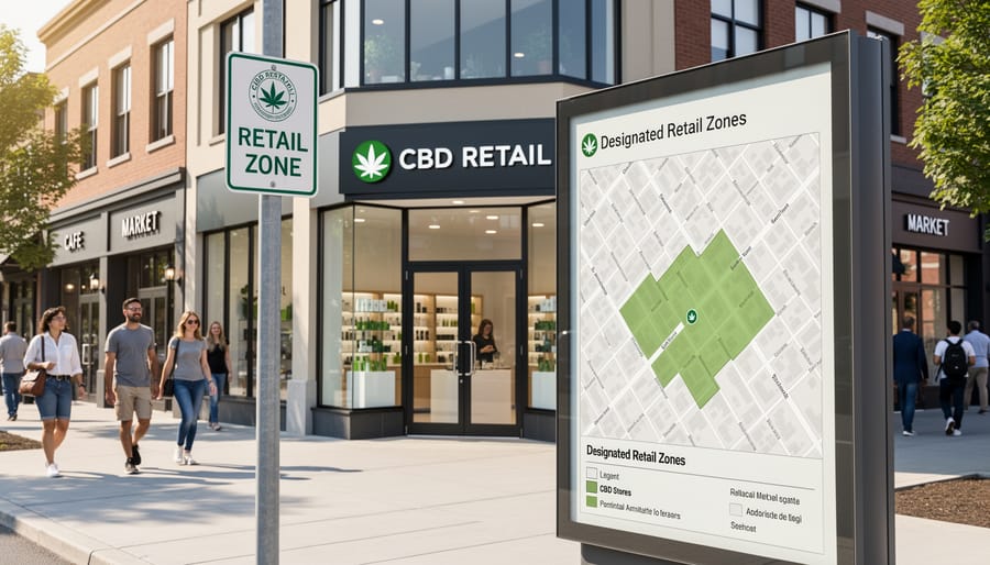 Aerial view of Canadian urban commercial district showing retail zoning areas