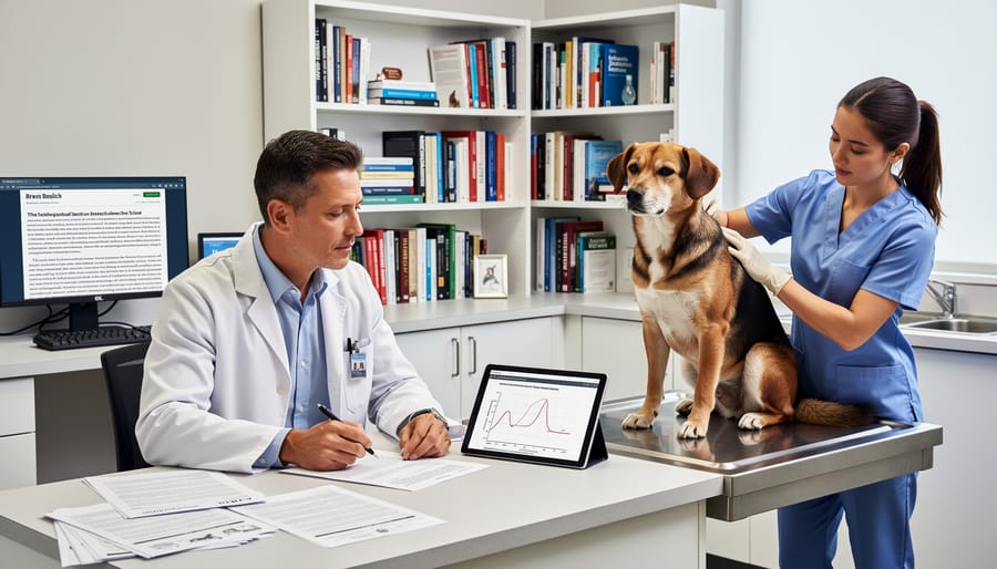 Veterinarian reviewing scientific research journal at desk in clinical setting