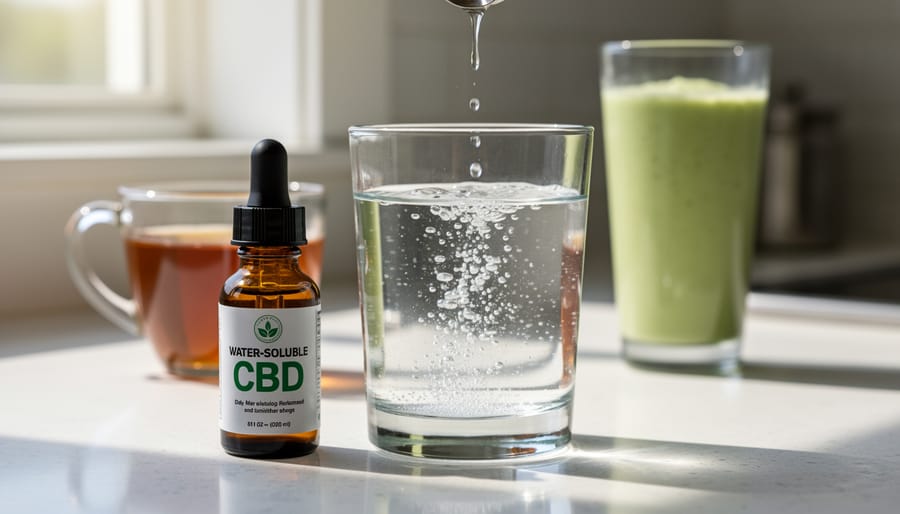 CBD drops being added to glass of water showing mixing compatibility