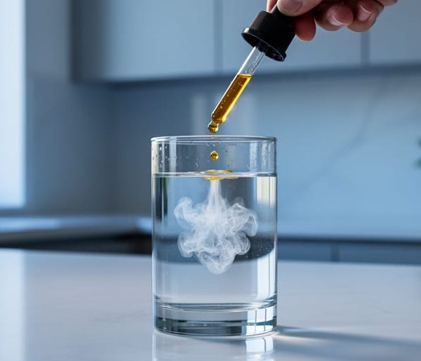 Eye-level close-up of a clear glass of water as an amber CBD dropper releases droplets that bloom into a cloudy nanoemulsion swirl, with soft daylight and a blurred modern kitchen background.