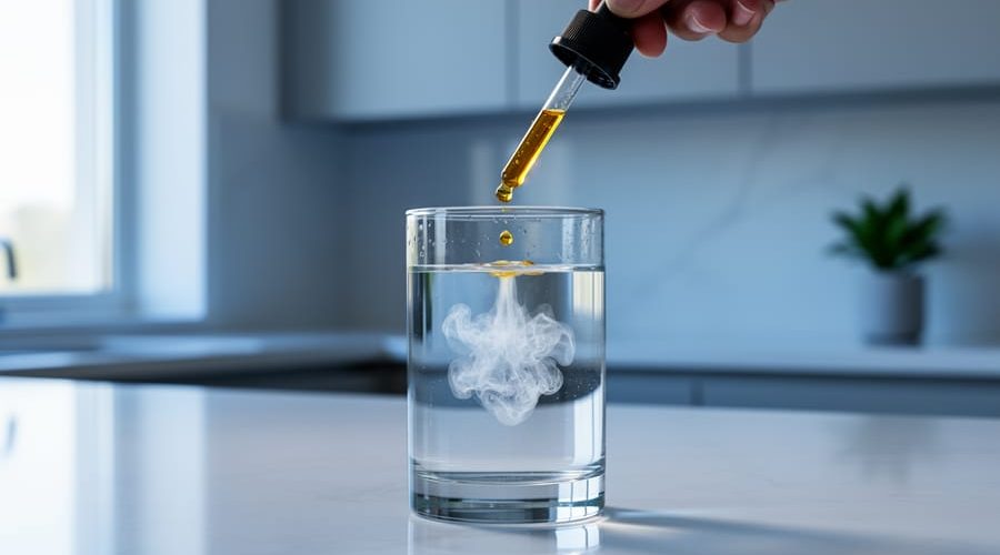 Eye-level close-up of a clear glass of water as an amber CBD dropper releases droplets that bloom into a cloudy nanoemulsion swirl, with soft daylight and a blurred modern kitchen background.