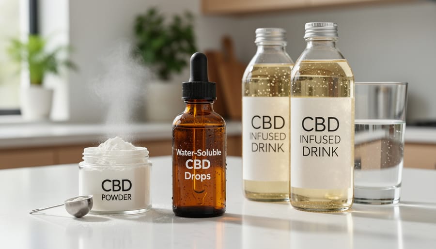 Assortment of water-soluble CBD products displayed on wooden surface