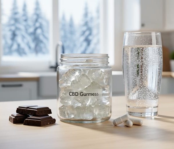 Close-up of a glass jar of clear CBD gummies with dark chocolate squares and white capsules on a light wood counter, shot from above in soft daylight, with a blurred modern kitchen and snowy evergreen trees visible outside.