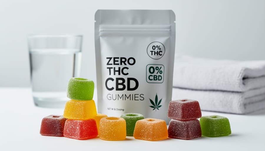 Clear CBD gummies in glass jar showing THC-free edible products