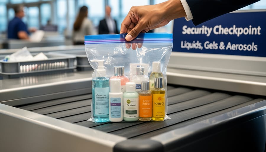 Clear quart-sized bag with small liquid containers in airport security bin
