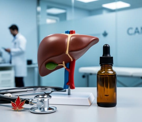 Close-up of a liver and common bile duct anatomical model next to an unlabeled amber cannabis oil dropper and maple-leaf pin on a stethoscope, with a blurred doctor and exam room in the background.