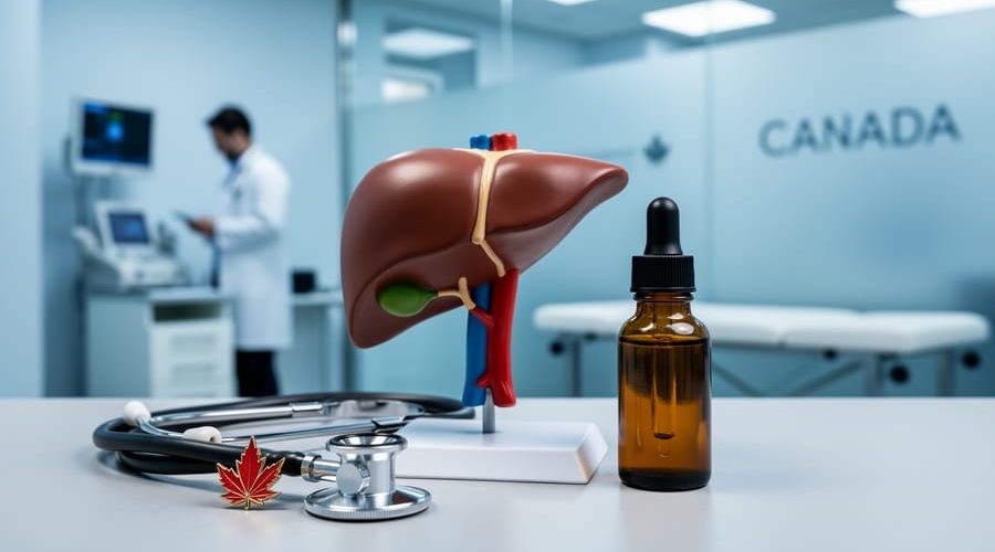 Close-up of a liver and common bile duct anatomical model next to an unlabeled amber cannabis oil dropper and maple-leaf pin on a stethoscope, with a blurred doctor and exam room in the background.