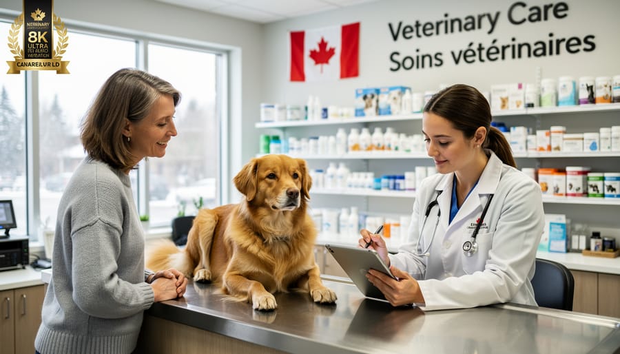 Dog with owner in Canadian veterinary clinic waiting room