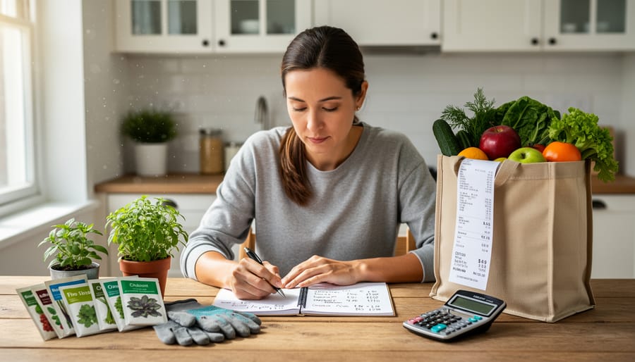 Person reviewing financial documents at home with cannabis plant on windowsill