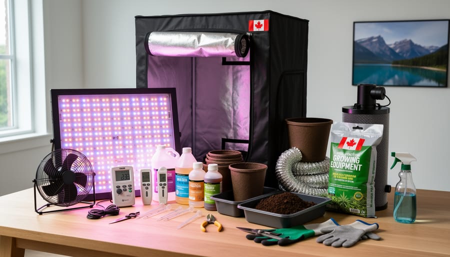 Overhead view of cannabis growing equipment including LED light, pots, nutrients, and tools