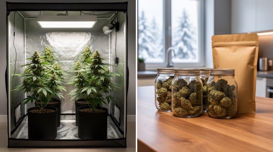 Eye-level photo showing a small cannabis grow tent with four mature plants on the left and a wooden counter with unlabeled glass jars of dried cannabis and a plain brown paper bag on the right, lit by soft natural daylight with a snowy street blurred outside.