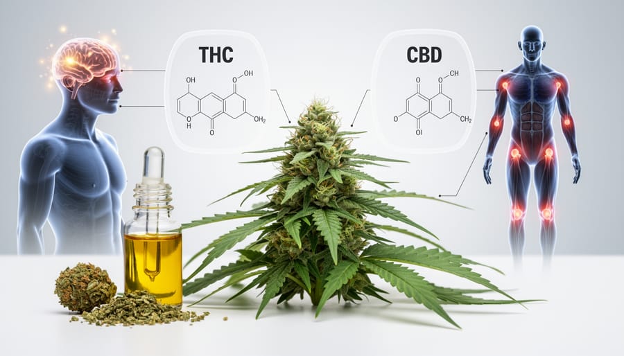 Close-up of cannabis plant leaves showing detailed structure and trichomes