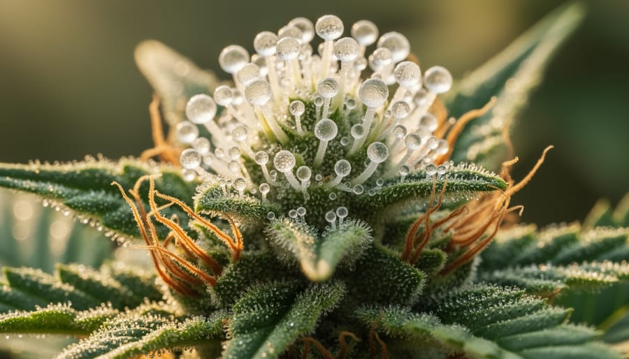 Extreme macro view of cannabis trichomes where CBG cannabinoid is produced