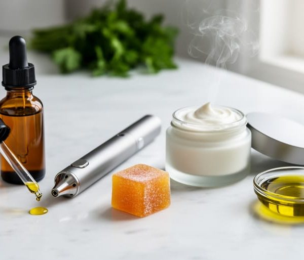 Amber CBD oil dropper with a falling droplet, a vape pen emitting a faint wisp, a square gummy, and an open cream jar on white marble with blurred green kitchen herbs in the background.