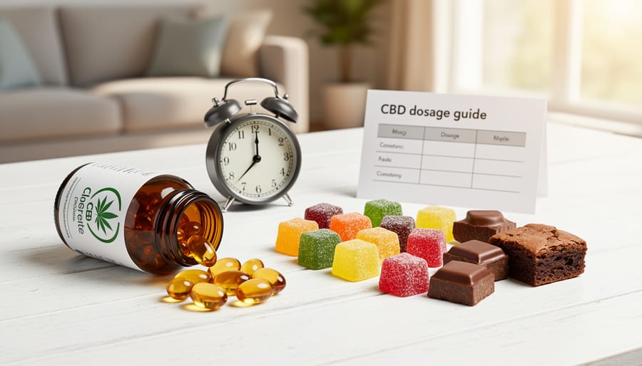 Person holding CBD capsule with water glass on wooden table