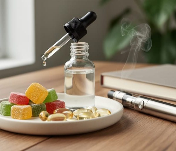 Close-up 45-degree shot of CBD oil dropper, vape pen with faint vapor, gummies, and gel capsules on a ceramic tray on a wooden table, lit by soft window light with a blurred plant and closed journal behind.