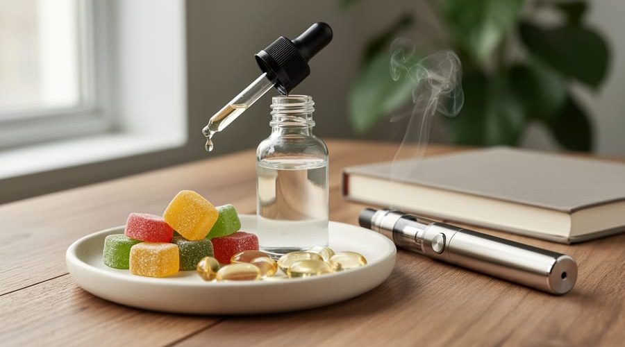 Close-up 45-degree shot of CBD oil dropper, vape pen with faint vapor, gummies, and gel capsules on a ceramic tray on a wooden table, lit by soft window light with a blurred plant and closed journal behind.