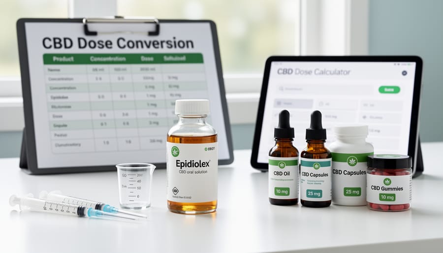 Person calculating CBD doses with various product formats on desk