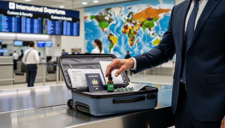 CBD oil bottle next to Canadian passport and boarding passes at airport