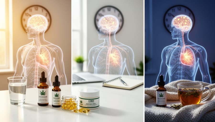 Hands holding CBD oil bottle in natural morning light