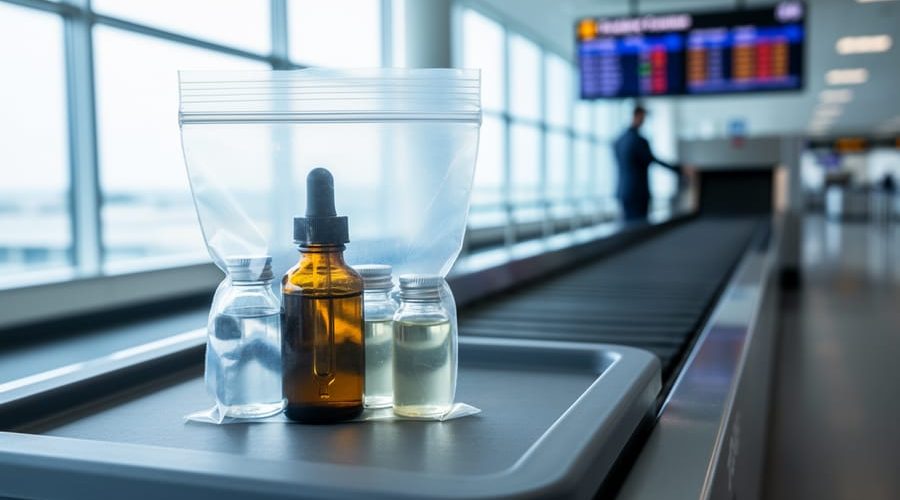 Clear quart-sized resealable bag containing an unlabeled amber dropper bottle and travel-size toiletries on a gray airport security bin, with blurred TSA conveyor, agent silhouette, and departure board lights in the background, no readable text or logos.