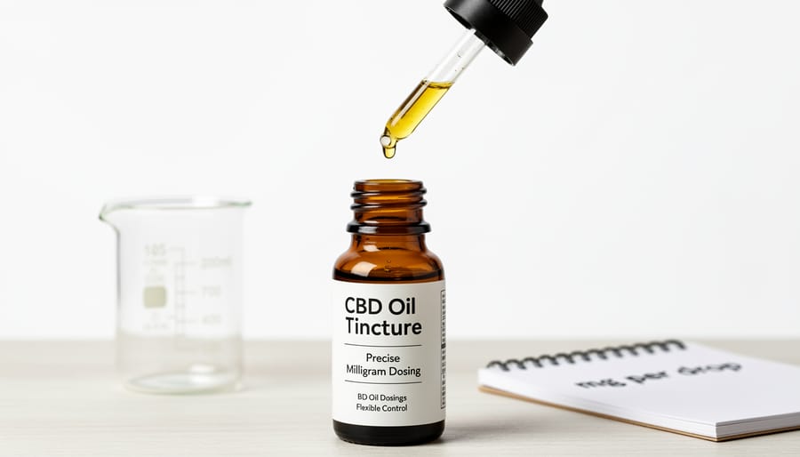 Glass dropper bottle dispensing CBD oil drops onto white surface
