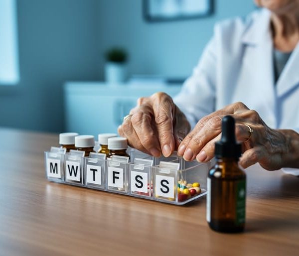Close-up of an older woman’s hands sorting prescription bottles and a weekly pill organizer next to an amber CBD oil dropper bottle on a desk, with a clinician blurred in the background.