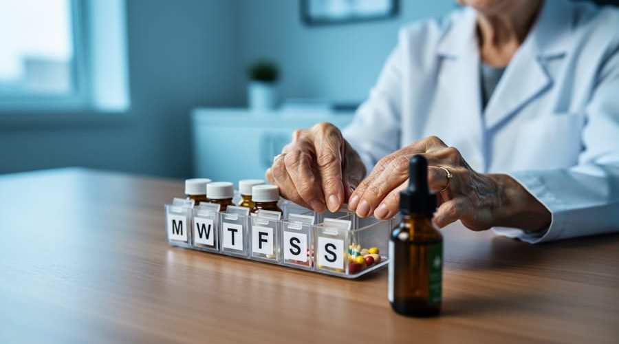 Close-up of an older woman’s hands sorting prescription bottles and a weekly pill organizer next to an amber CBD oil dropper bottle on a desk, with a clinician blurred in the background.