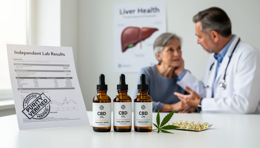 CBD oil bottle with laboratory testing documentation on clean surface