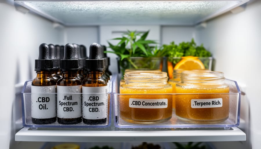 Hands organizing amber CBD oil bottles in refrigerator storage drawer