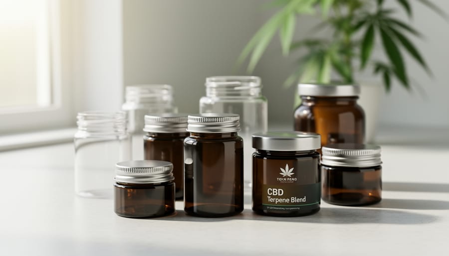 Collection of proper CBD storage containers including amber glass bottles and opaque tins