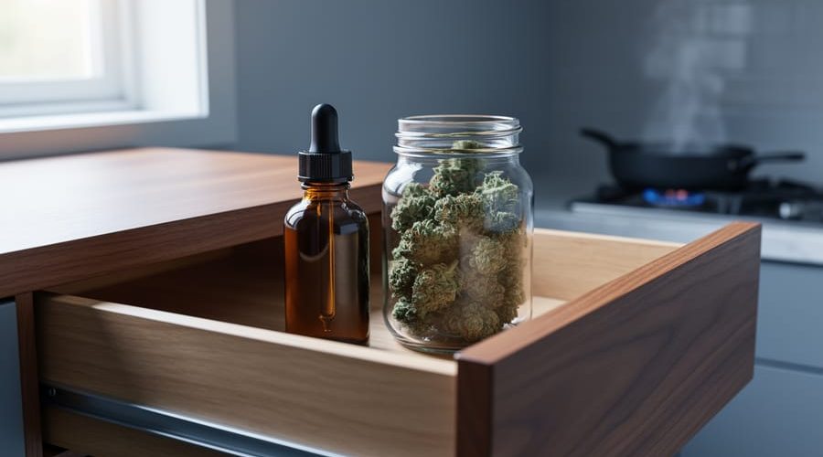 Unlabeled amber CBD oil dropper bottle and sealed glass jar of hemp flower inside a partially open wooden drawer, with a sunlit window and distant stove softly blurred in the background.