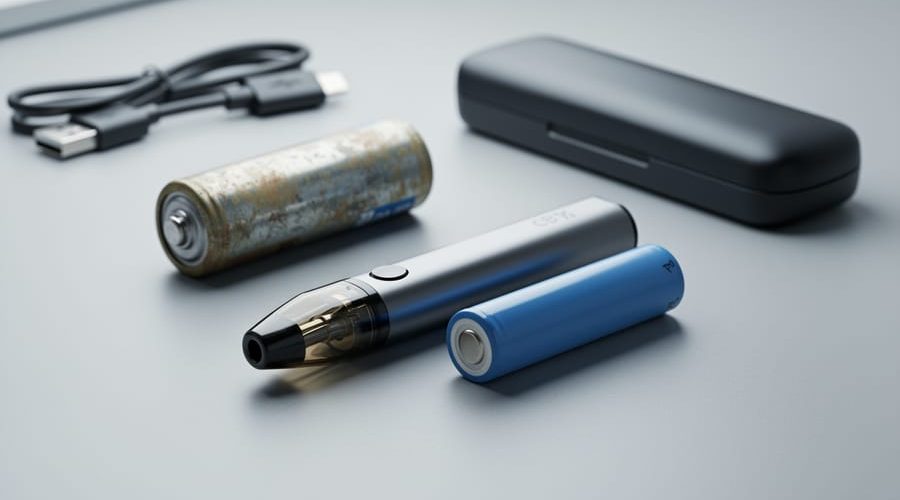 Close-up of a sleek CBD vape pen beside a partially exposed lithium-ion battery on a clean desk, with an older nickel-cadmium cell, USB-C cable, and protective case softly blurred in the background.