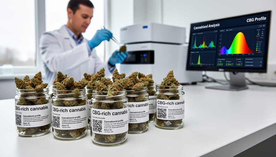 Close-up of cannabis flower buds with laboratory certificate showing cannabinoid testing results