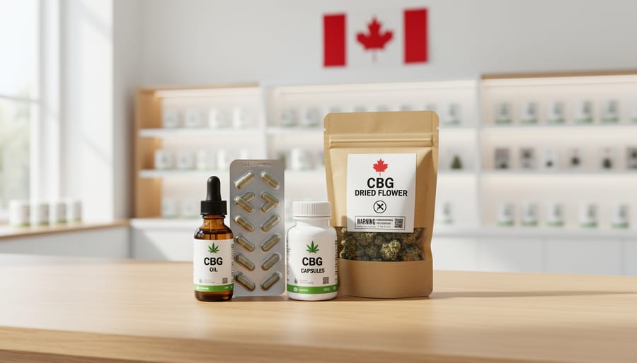 CBG and CBD oil bottles displayed with fresh cannabis leaves on white surface