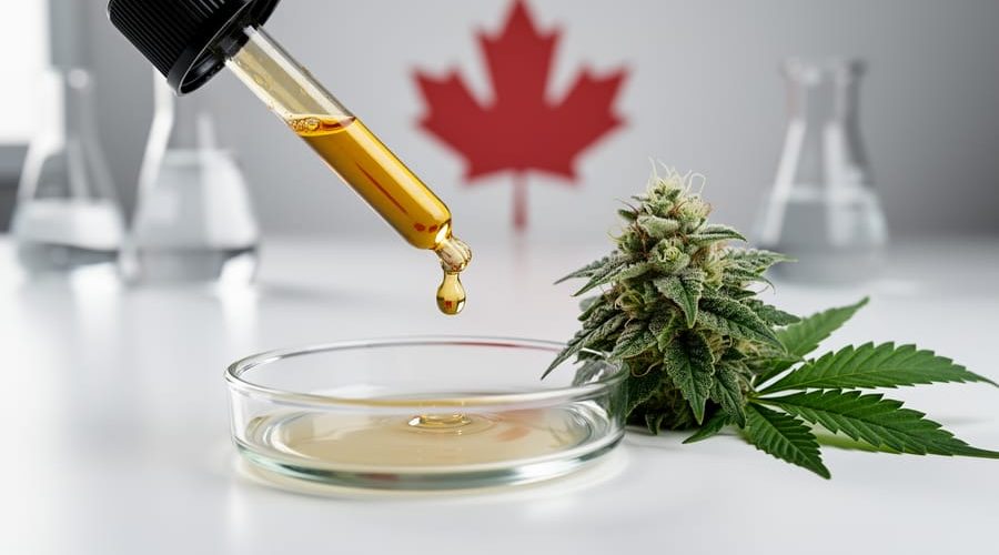 Amber dropper releasing golden cannabis oil above a glass petri dish next to a fresh, trichome-covered cannabis flower, with soft daylight and blurred lab glassware and a subtle red maple leaf in the background.
