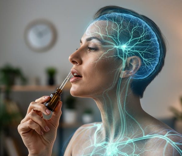 Adult in profile holding a CBD oil dropper near the mouth, with a double-exposure glow of neural pathways and a cool-to-warm lighting gradient suggesting circadian rhythm, blurred home interior and plants in the background.