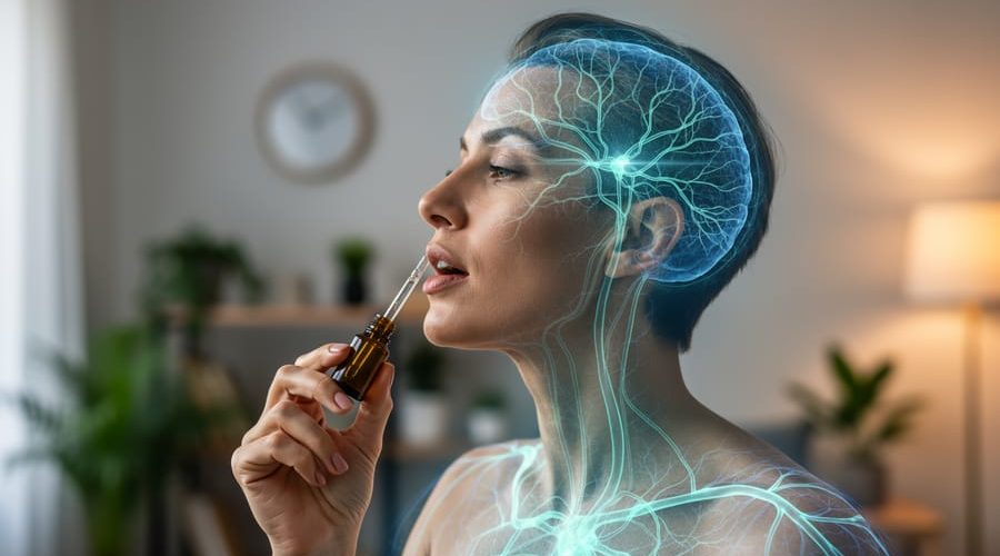 Adult in profile holding a CBD oil dropper near the mouth, with a double-exposure glow of neural pathways and a cool-to-warm lighting gradient suggesting circadian rhythm, blurred home interior and plants in the background.