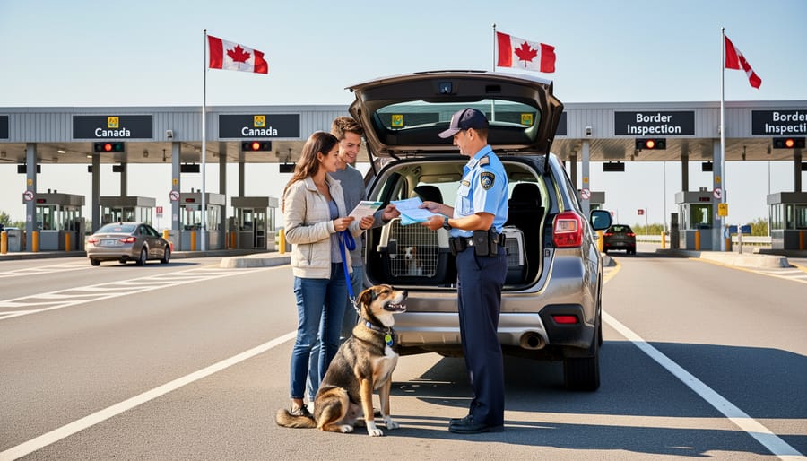Golden retriever at Canadian border crossing checkpoint
